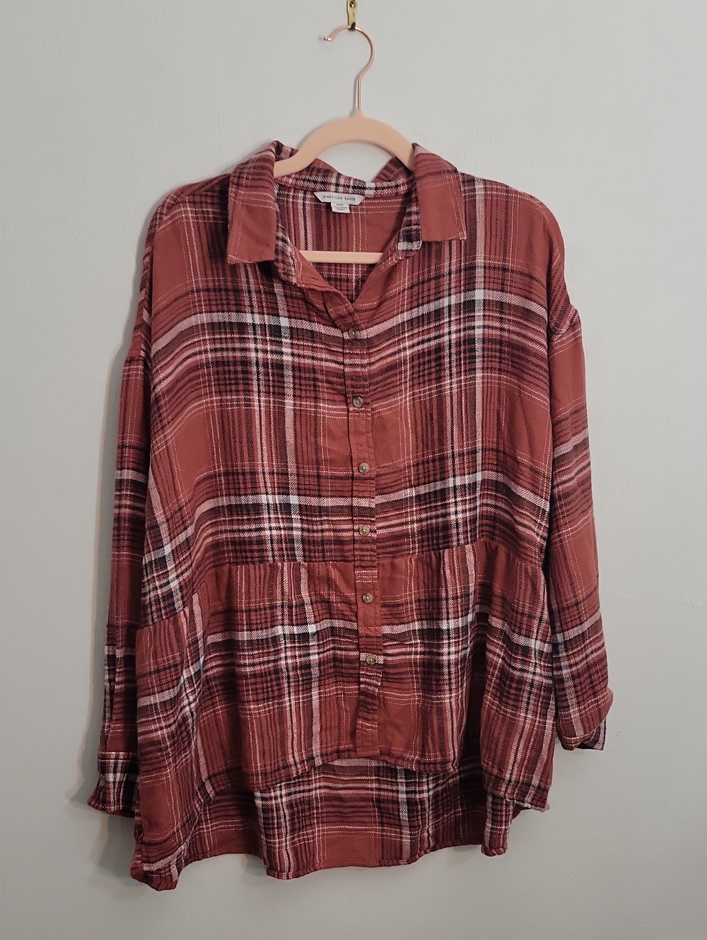American Eagle Outfitters Rust Plaid Button-Down Shirt Over-Sized